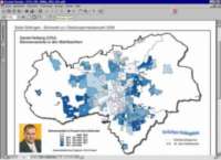 Göttinger Fachdienst für Statistik und Wahlen , 2006 © Screenplot: Je dunkler die Flächen sind, desto höher war der Stimmenanteil von Daniel Helberg (CDU). Der Stimmenanteil schwankte von unter 21% bis über 38%.