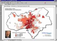 Göttinger Fachdienst für Statistik und Wahlen , 2006 © Screenplot: Je dunkler die Flächen sind, desto höher war der Stimmenanteil von Wolfgang Meyer (SPD). Der Stimmenanteil schwankte von unter 62% bis über 80%.