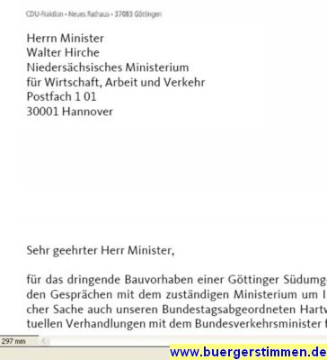 Pressefoto: Porth , 2009 © Bildschirmfoto vom Brief an den Minister - Auch einen Minister Hirche spricht man in der briefanrede mit Namen an, oder