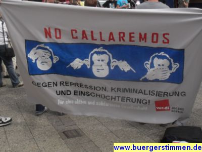 Pressefoto: http://www.buergerstimmen.de/ , 2011 © Transparent auf der Kundgebung zum Praxisworkshop am 14.5.11 beim Gänselliesel