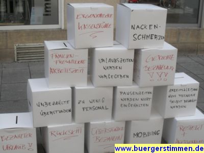 Pressefoto: http://www.buergerstimmen.de/ , 2011 © Die Pyramide der Forderungen für bessere Arbeitsbedingungen beim Netto Marken-Discount in Süd-Niedersachsen 2011